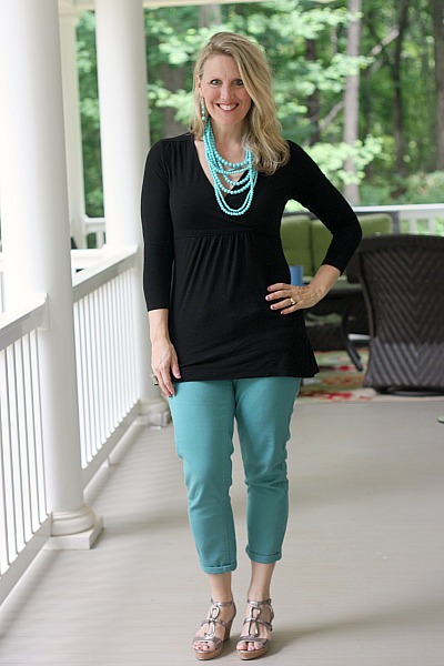 Find a fun pair of colored pants. They give a great pop of color