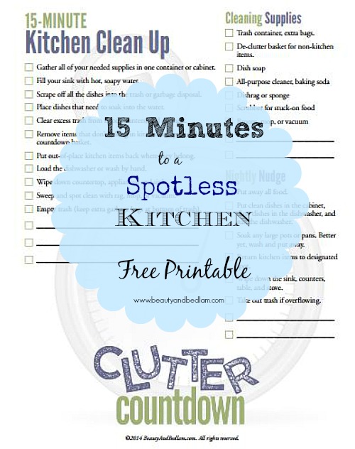 15 Minute Kitchen Clean Up Checklist. Free Printable! Great tips!